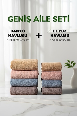 8 Li Kareli Geniş Aile Seti Bej Fume Kahve Pudra Mavi El Yüz Banyo Havlu Seti 50x90 Cm 70x140 Cm Renklı