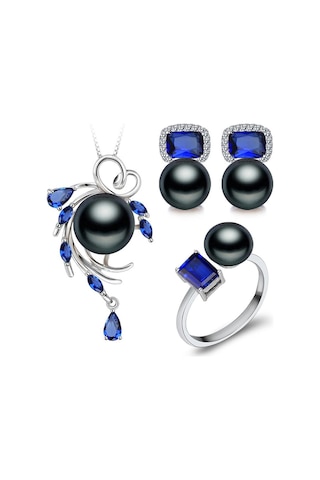 Siyah Lsooyh Doğal Tatlı Su Inci Kolye Kübik Zirkonya Mavi Kristal Çiçek Küpe Yüzük Kadınlar Için Inci Takı Setleri Siyah