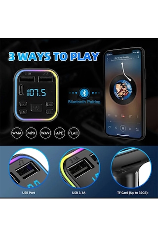 Araç Fm Transmitter Bluetooth Usb Mp3 Sd Kart Çakmaklık Girişli 7 Renk Led Işıklı Araç Kiti