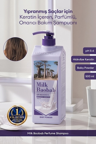 Yıpranmış Saçı Onaran Parfümlü Keratinli Şampuan Mılk Baobab Perfume Shampoo Baby Powder Tüm Saç Tipleri