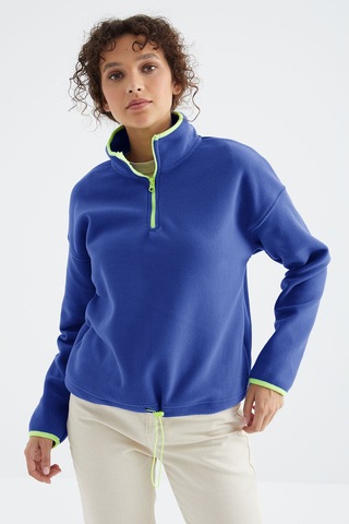 TOMMYLIFE Saks Yarım Fermuar Etek Ucu Büzgülü Dik Yaka Standart Kalıp Kadın Polar Sweatshirt - 97234