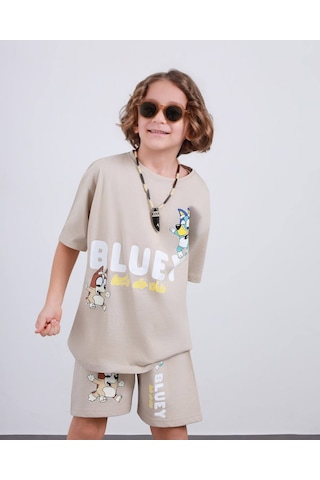 Miniko Kids Erkek Çocuk Bluey Modelli Pamuk Şortlu Takım Ekru