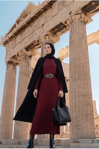 Armine Trend Kendinden Çizgili Triko Elbise Bordo 25ktd901