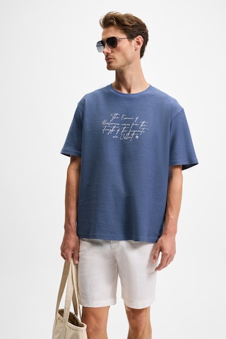 Grimelange BONDIA Erkek Baskı Detaylı %100 Organik Pamuk Oversize Fit Bisiklet Yakalı Kısa Kollu İndigo T-Shirt