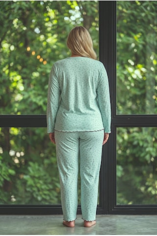 Seboteks Raporlu İnterlok Kumaş Yakası Düğmeli Kışlık Büyük Beden Kadın Pijama Takımı 2900 Yeşil