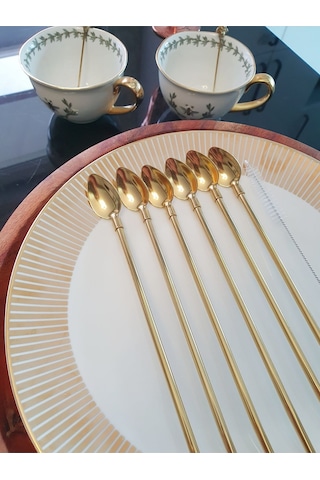Gold 6'lı Paslanmaz Pipetli Kokteyl Bar Kaşığı Ve Temizleme Fırçası, Pipetli Latte Kaşığı 22 Cm