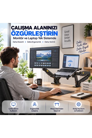 Luve Store Nb F160+fp Gazlı Çift Kollu Monitör Laptop Standı 17-30 İnç Ekran 10-17 İnç Notebook Vesa Uyumlu