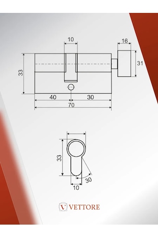 Vettore 70mm Kilit Silindiri, 5 Adet Anahtarla Döner Başlı 218209865