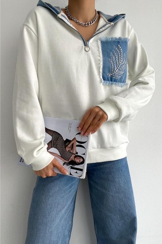 Femelle Kadın Yeni Sezon Inci Zımbalı Kot Detaylı Kapüşonlu Oversize Sweatshirt Ekru