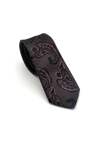 Gaffy Kahverengi Şal Desenli Lacivert Dokuma Kumaş Mendilli Slim Fit Kravat // Sdk-2606-2 Lacivert