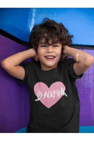 Sevbano Blackpink Kalp Temalı Baskılı Unisex Müzik Grubu Çocuk Tişört 1- Siyah