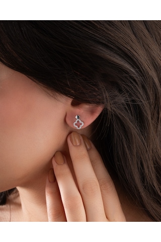 Roza Silver 925 Ayar Rodyum Zirkon Taşlı Dört Yapraklı Yonca Şık Çivili Gümüş Küpe Re10213