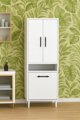 Kirli Sepetli 2 Kapaklı 3 Raflı Çok Amaçlı Ahşap Banyo Dolabı, Banyo Düzenleyici Çamaşır Sepeti Beyaz