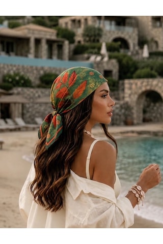 Trend Dokunuş Kadın 70-70 Saten Yaprak Desenli Fular Yeşil