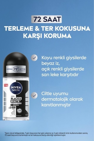 Men Erkek Roll-on Deodorant Black&white Invisible Original 50ml, 72 Saat Anti-perspirant, X2 Adet