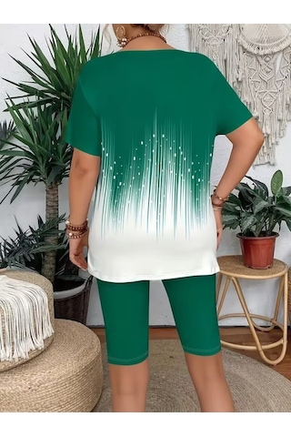 Efnaz Style Kadın Kısa Kollu Bisiklet Yaka Desenli Dalgıç Bluz Ve Tayt Ikili Takım Yeşil