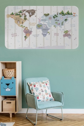 Eğitici Dünya Haritası Dünya Atlası Çocuk Ve Bebek Odası Duvar Sticker -60x105-3825 Renkli