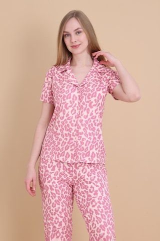 Wordex Mirano 9510-26 Desenli Pegasus Kumaş Düğmeli Kısa Kolu Kadın Pijama Takımı Pembe