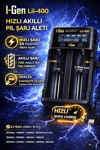 Ayrex I-gen Batteries Lii-400 Akıllı Li-ion Pil Şarj Cihazı, Type-c Girişli, Lcd Ekranlı, 2 Slot Şarj, Li-ion & N