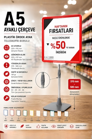 A5 Ayaklı Çerçeve Seti Plastik Ördek Ayak Teleskopik Borulu Fiyat Etiketliği Yönlendirme Levhası Menü Panosu Kırmızı