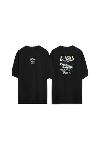Thewert Unisex Alaska Uçak Ön Arka Baskılı Sıyah Oversize T-shirt Siyah