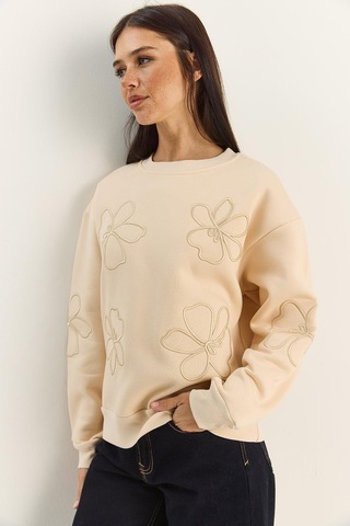 Shade Kadın Çiçek Eva Nakış Üç İplik Şardonlu Sweatshirt 60601046 - Bej