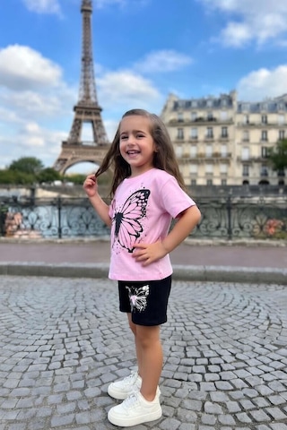 Riccotarz Kız Çocuk Puantiye Baskılı Ve Kelebek Baskılı Pembe T-shirt Şortlu Takım