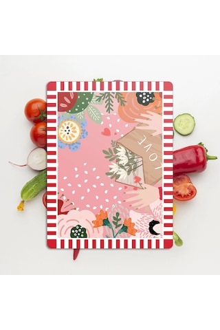 3'lü Cam Kesme Tahtası Ve Sunumluk Karışık Renkli Love Desenli 20 X 30, 25 X 35 Ve 30 X 40 Cm Çok Renkli