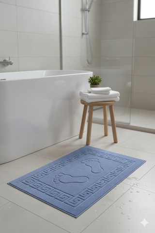 3'lü Ayak İzli Bukle Ayak Havlusu Seti 250 Gram - Paspas Banyo Seti 3 Adet Mavi