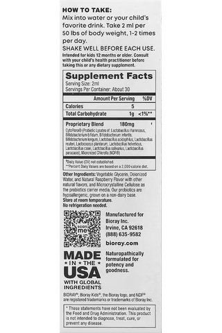 Bioray Kids Ndf Tummy 11-strain Children's Probiotics Blend Raspberry 2 Fl Oz 60 Ml