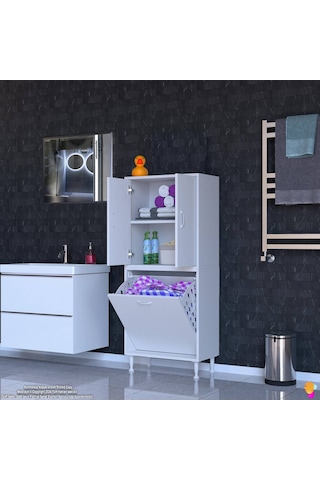 Eliusta Miretta Üst Bölme Kapaklı Altı Kirli Sepetli Dolap 55 Cm Genişlik Beyaz 55x138x32,5 Cm Dolap Beyaz