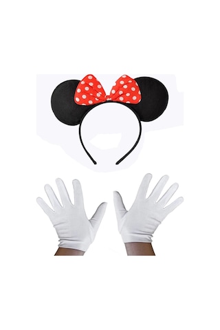Kırmızı Fiyonklu Minnie Mouse Tacı Ve Beyaz Eldiven Seti Yetişkin