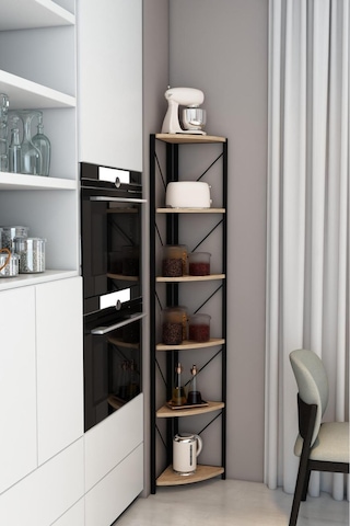 Datça 6 Raflı Metal Köşe Mutfak Rafı Dekoratif Çok Amaçlı Raf 180 Cm Beyaz Ceviz