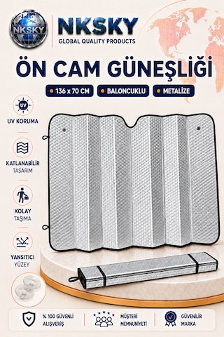 1. Kalite Oto Ön Cam Güneşliği 136x70 Cm Baloncuklu Metalize Katlanabilir Araba Güneşlik Perde