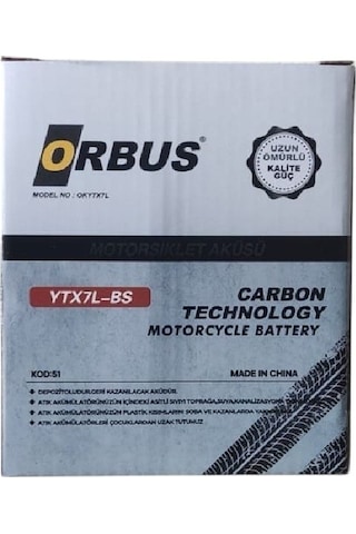 Orbus 12v 7ah Yüksek Akü-ytx7l Ebatlar:113 X 70 X 132mm Orbus Motosiklet Aküsü
