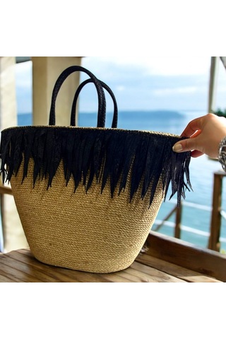 Hasır Çanta, Plaj Çantası, Tasarım Çanta, Siyah Kalın Püsküllü El Çantası Kahverengi - Siyah