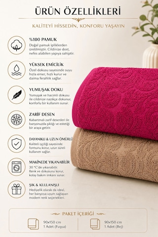 2'li Jakarlı Büyük Boy Banyo Havlusu 90x150 Cm %100 Pamuk Lorea 650 Gr Bej-fuşya