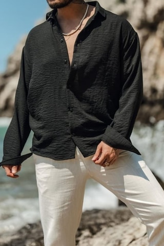 Cool Tarz Erkek Uzun Kollu Gömlek Yaka Keten Oversize Gömlek SİYAH