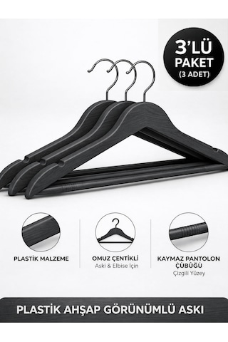 Beylini 3'lu Ahşap Görünümlü Plastik Askılık Yetişkin Kıyafetleri İçin Dayanıklı Elbise Gömlek Kancalı Askı Antrasit