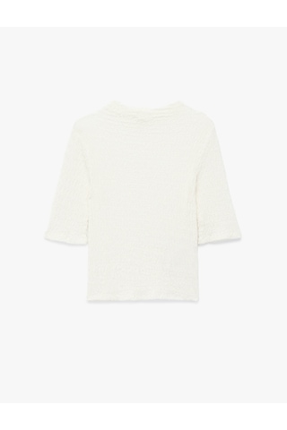 Koton Bürümcük Kumaş Slim Fit Kısa Kollu Yuvarlak Hafif Dik Yaka Dokulu Tişört Ekru 6wak50191ek