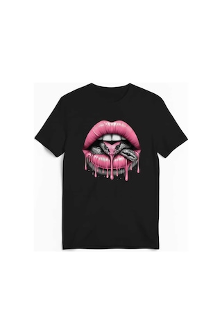Kadın Beyaz Siyah Yılan Detaylı Dudak Baskılı Regular T-shirt Siyah