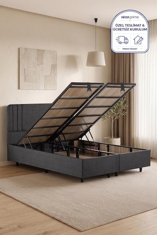 Niron Scarface 150x200 Cm Çift Kişilik Baza Başlık Seti - Antrasit Keten Modern Takım 150 x 200