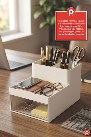 Tek Çekmeceli Masa Üstü Mini Organizer - Takı Ve Makyaj Düzenleyici - Ofis Kırtasiye Kutusu Krem