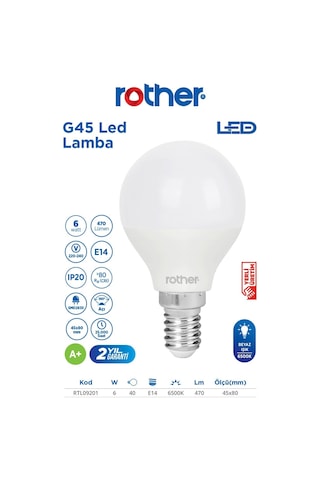 Rtl09201 Rother G45 Led Ampul 6w E14 470 Lümen 6000k Beyaz Işık Enerji Tasarruflu Ampul 5 Adet