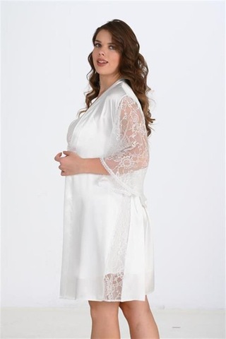 Modenya Premium Büyük Beden Saten Dantel İşlemeli Ekru 2'li Gecelik Sabahlık Takımı Bigsize 3xl