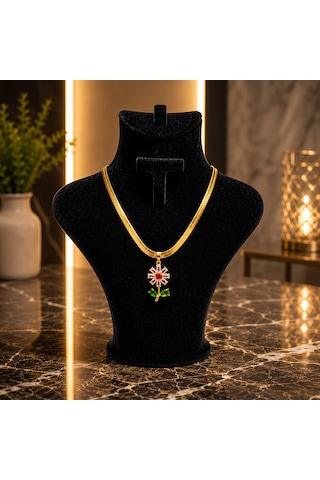Premium 316l Papatya Model Renkli Tasarım Kolye Gold , Pembe-kırmızı-yeşil