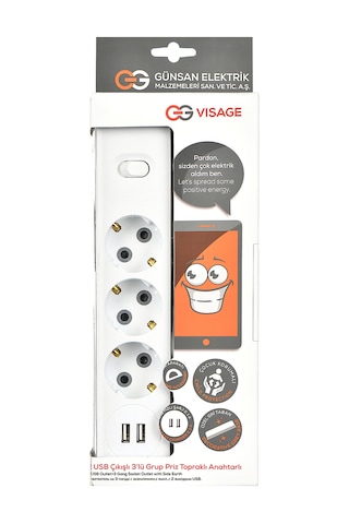 Günsan Elektrik 2 Usb'li 3'lü Çocuk Korumalı Topraklı Anahtarlı Grup Priz 3 Metre - 01351130-303310n11