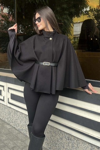 Butik Siyah Kemerli Kaşe Panço