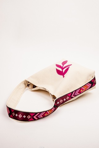 Fabric Craft Bag Omuz Çanta Kanvas Motifli Krem - Pembe