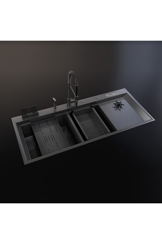 Siyah 120x50 Çift Göz Bardak Yıkamalı Paslanmaz Çelik Eviye Renkli